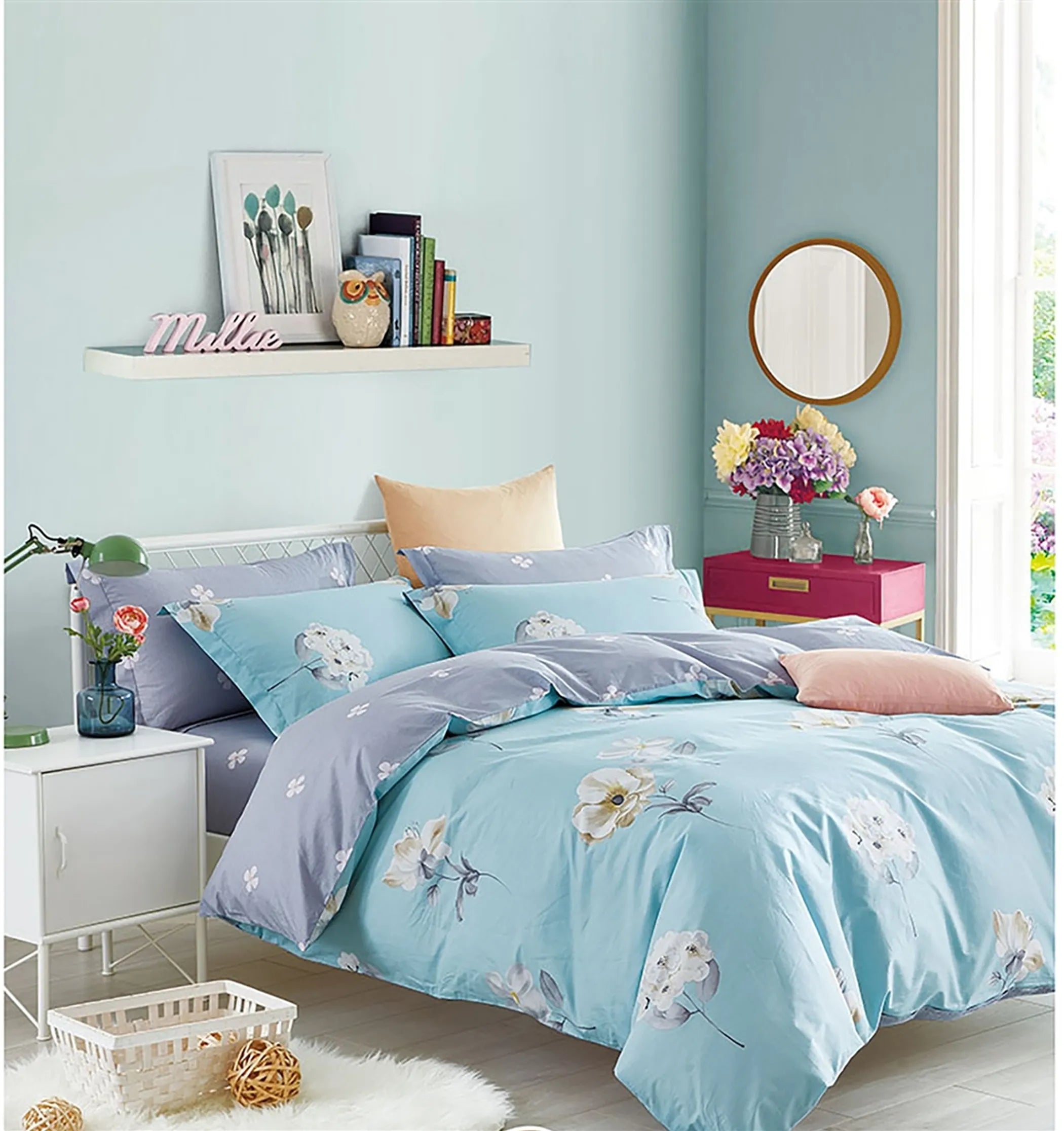 Lillian Blue/Yellow Floral  100% Cotton Reversible Comforter Set